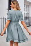 Swiss Dot Frill Trim Flounce Sleeve V-Neck Dress - Trendsi - Flyclothing LLC