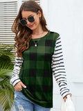 Plaid Striped Round Neck Long Sleeve T-Shirt - Trendsi - Flyclothing LLC