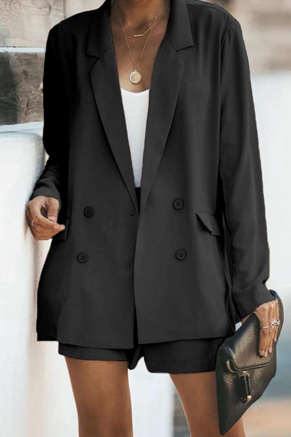 Longline Blazer and Shorts Set with Pockets - Trendsi - Flyclothing LLC