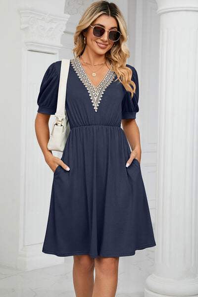 V-Neck Puff Sleeve Dress - Trendsi - Flyclothing LLC