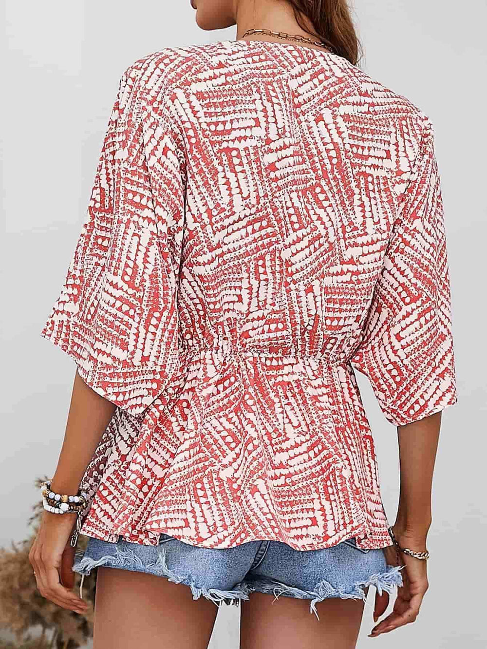 Printed V-Neck Dolman Sleeve Blouse - Trendsi - Flyclothing LLC