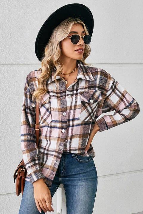 Collared Plaid Shacket - Trendsi