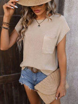 Pocketed Round Neck Cap Sleeve Sweater - Trendsi - Flyclothing LLC