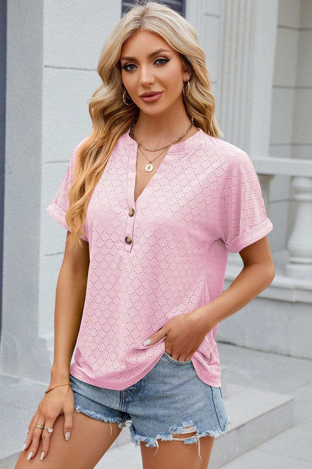 Eyelet Notched Short Sleeve T-Shirt - Trendsi - Flyclothing LLC