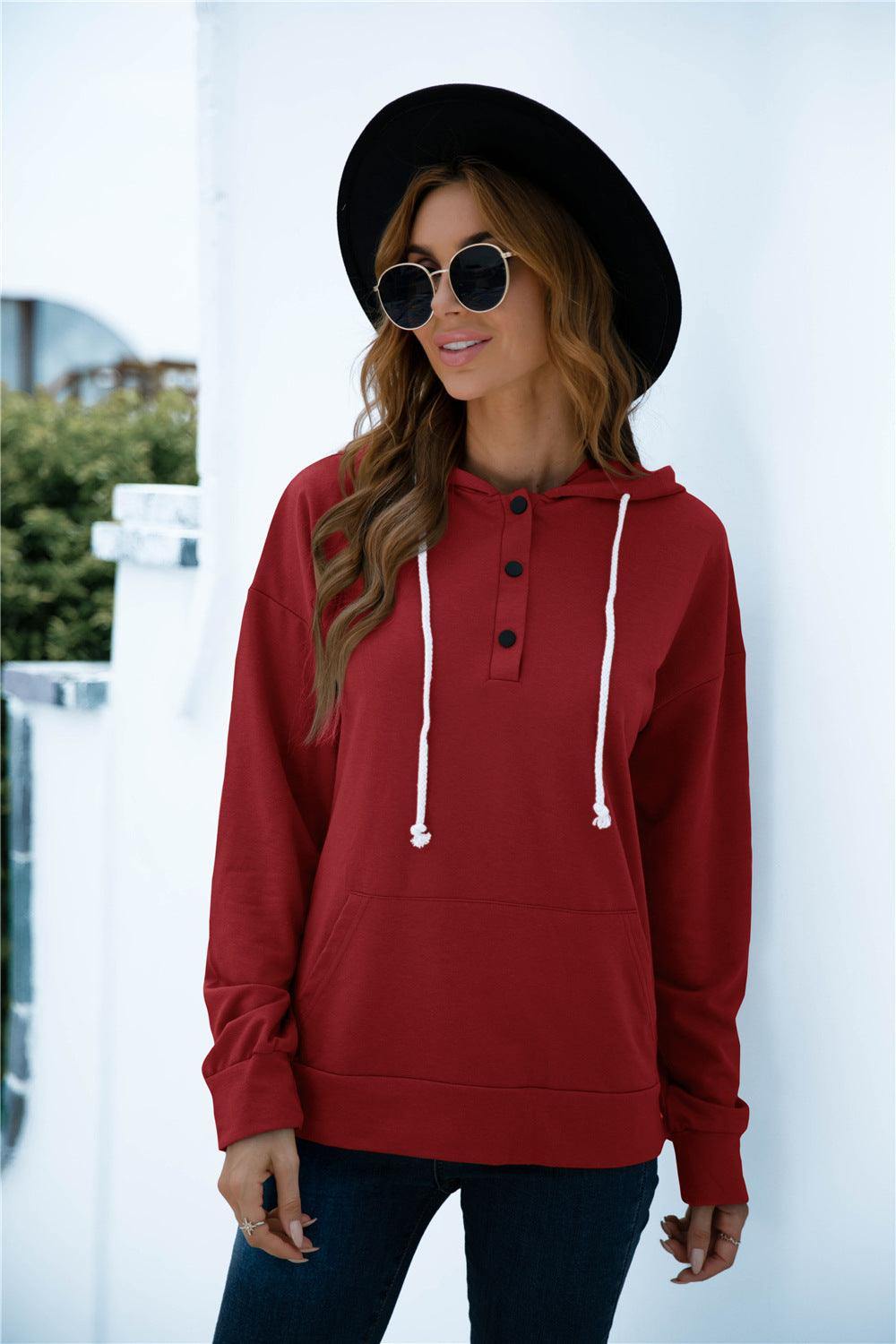 Quarter Snap Drawstring Hoodie with Kangaroo Pocket - Trendsi