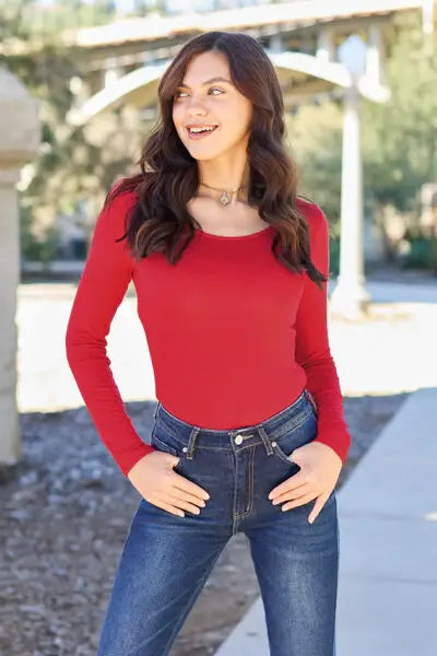 Basic Bae Full Size Round Neck Long Sleeve Bodysuit - Trendsi - Flyclothing LLC