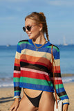 Rainbow Stripe Openwork Long Sleeve Cover-Up - Trendsi
