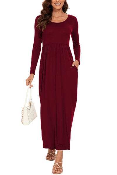 Round Neck Long Sleeve Pocketed Maxi Dress - Trendsi - Flyclothing LLC