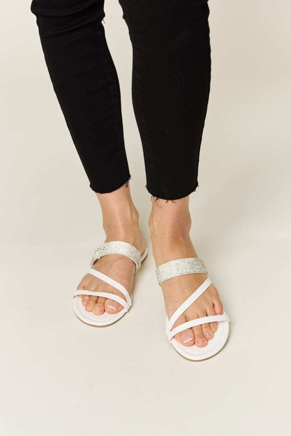 WILD DIVA Rhinestone Strappy Flat Sandals - Trendsi - Flyclothing LLC