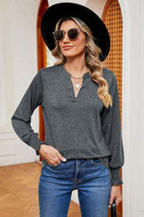 Notched Lantern Sleeve T-Shirt - Trendsi - Flyclothing LLC