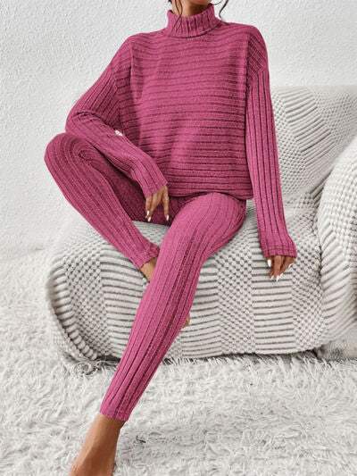 Ribbed Turtleneck Top and Pants Set - Trendsi - Flyclothing LLC