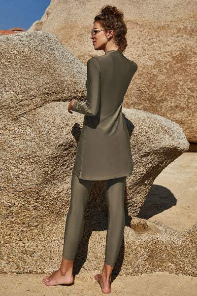 Slit Mock Neck Long Sleeve Top and Pants Swim Set - Trendsi - Flyclothing LLC