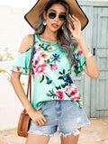Floral Cold-Shoulder Short Sleeve Top - Trendsi