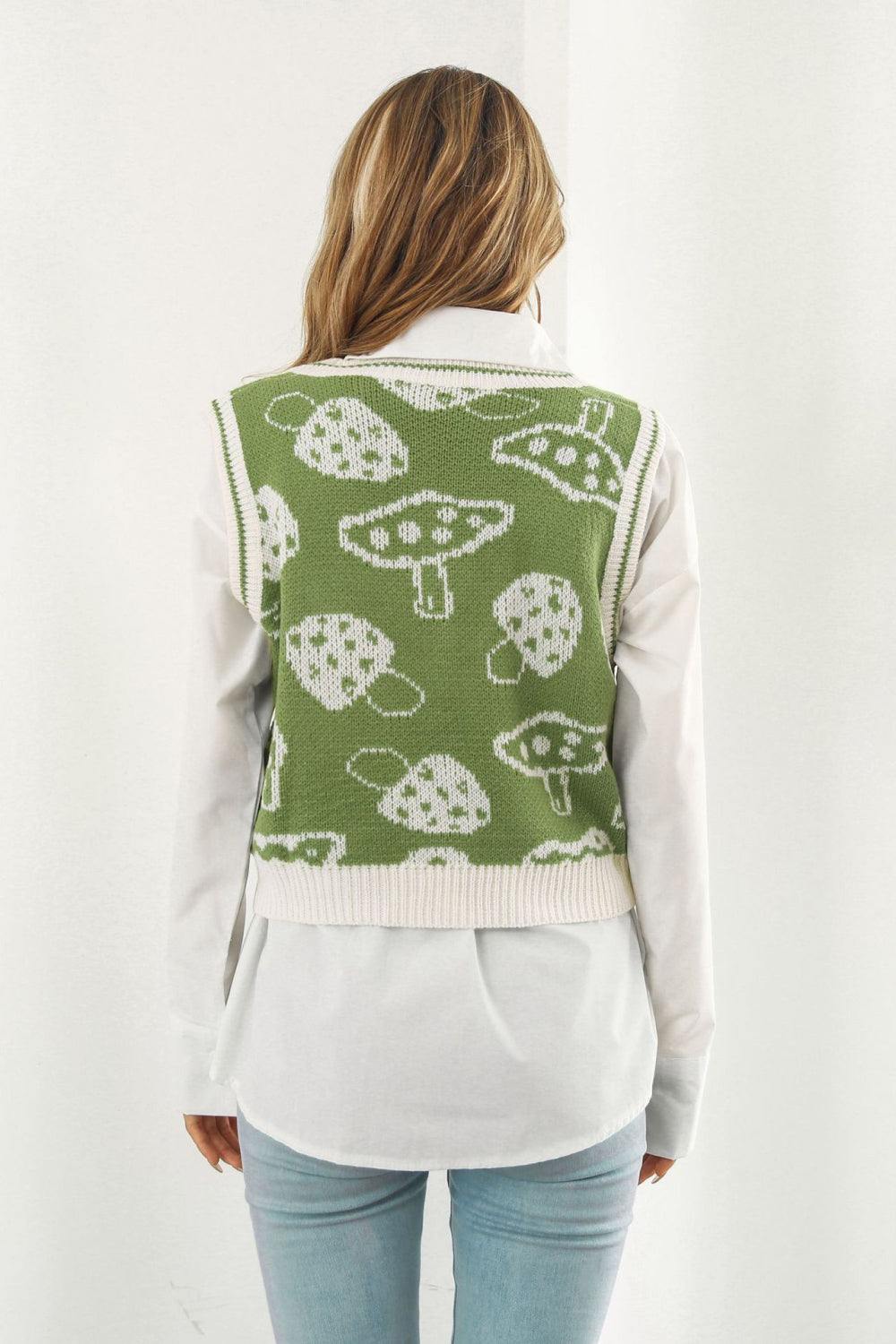 Printed Plunge Neck Sweater Vest - Trendsi