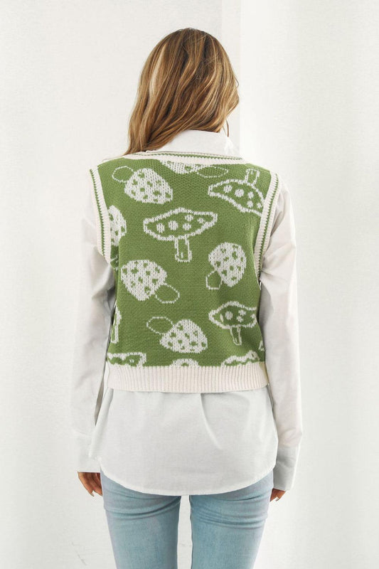 Printed Plunge Neck Sweater Vest - Trendsi