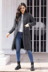 Fringe Trim Open Front Cardigan with Pockets - Trendsi