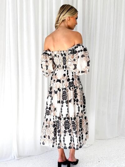 Printed Smocked Off-Shoulder Tiered Dress - Trendsi