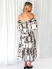 Printed Smocked Off-Shoulder Tiered Dress - Trendsi