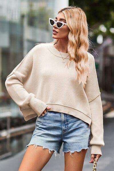 Round Neck Drop Shoulder Long Sleeve Sweater - Trendsi - Flyclothing LLC