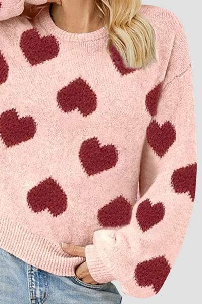 Heart Round Neck Dropped Shoulder Sweater - Trendsi - Flyclothing LLC