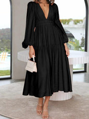 Deep V-Neck Balloon Sleeve Plain Maxi Dress - Trendsi