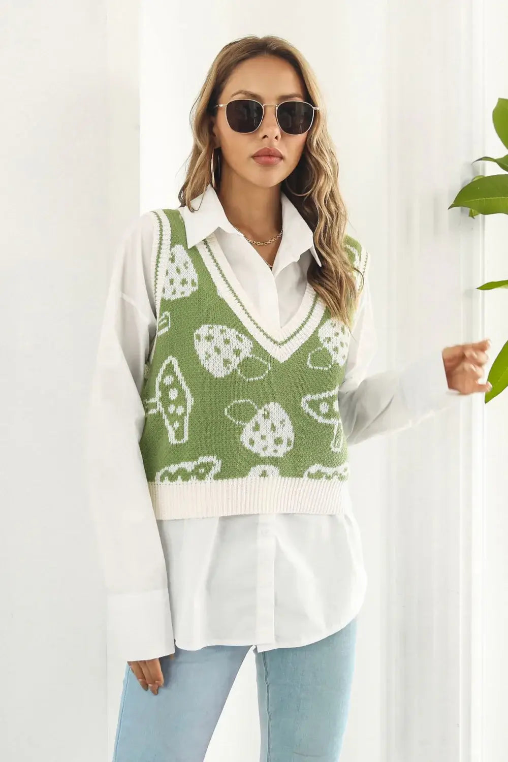 Printed Plunge Neck Sweater Vest - Trendsi - Flyclothing LLC