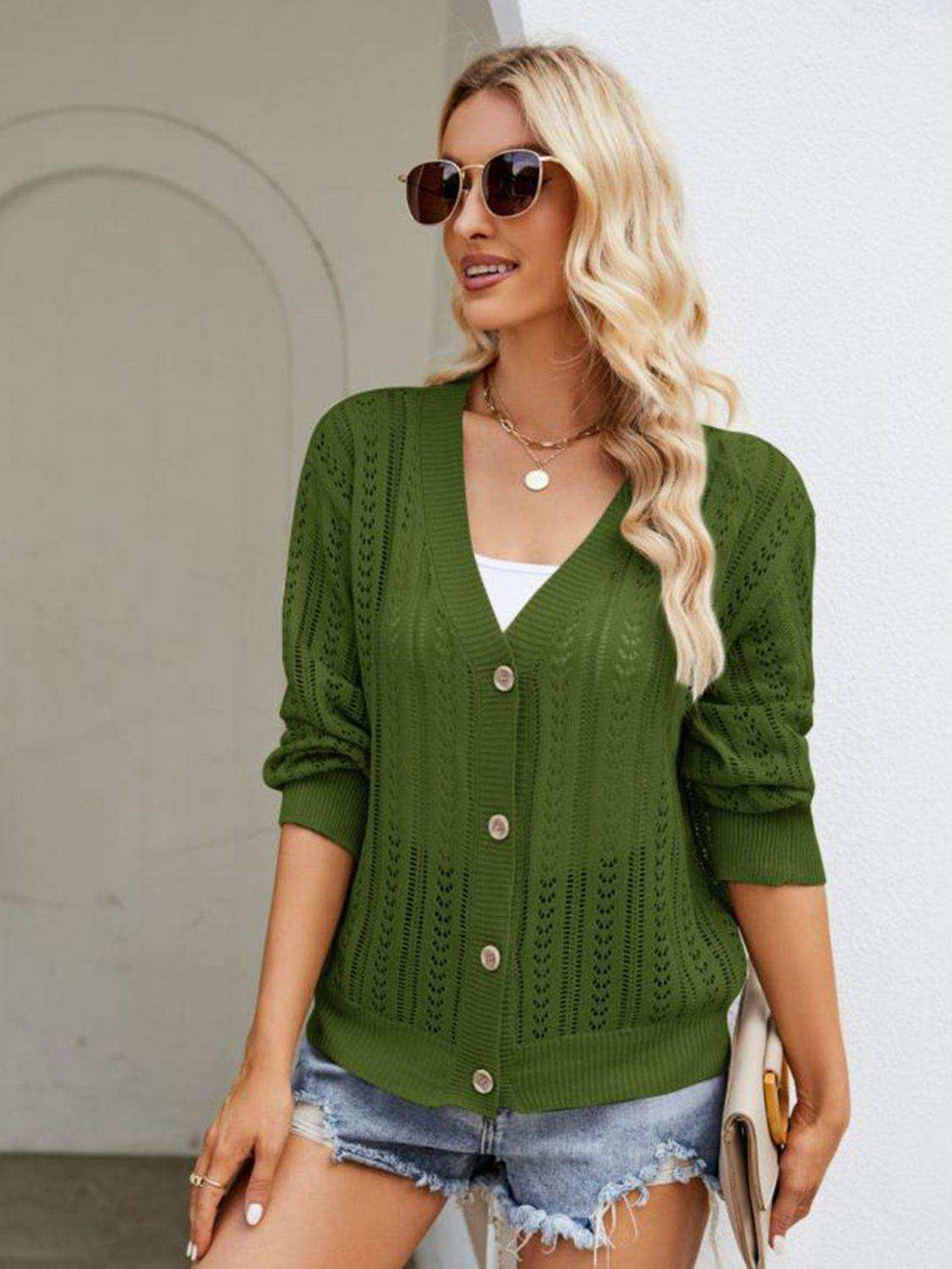 Button Down Ribbed Trim Cardigan - Trendsi - Flyclothing LLC