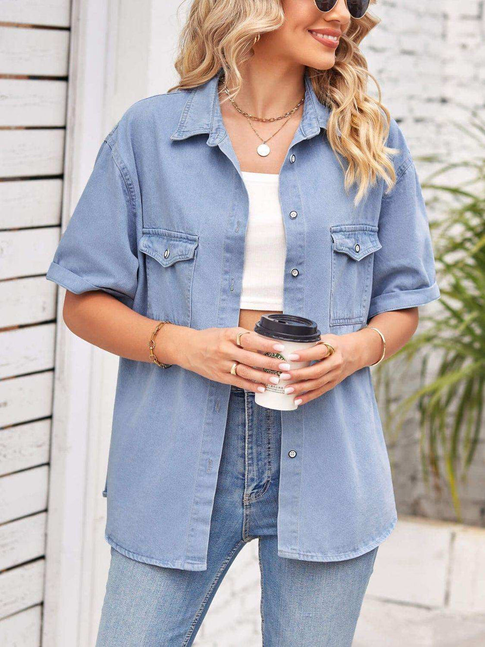 Collared Neck Short Sleeve Denim Jacket - Trendsi - Flyclothing LLC