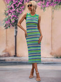 Striped Round Neck Sleeveless Midi Cover Up Dress - Trendsi