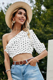 Polka Dot One-Shoulder Ruffled Crop Top - Trendsi - Flyclothing LLC