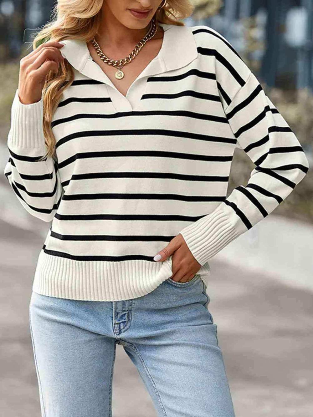 Striped Collared Neck Knit Top - Trendsi - Flyclothing LLC