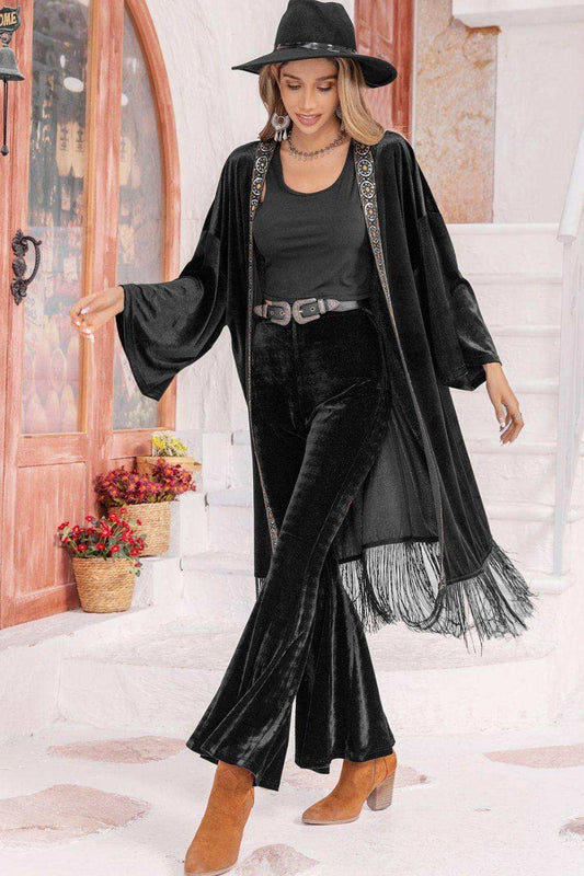 Opne Front Fringe Detail Long Sleeve Cardigan - Trendsi - Flyclothing LLC