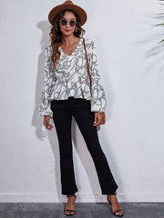 Printed V-Neck Balloon Sleeve Peplum Blouse - Trendsi