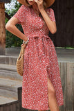 Ditsy Floral Button Front Tied Puff Sleeve Dress - Trendsi