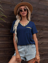 Glitter V-Neck Short Sleeve Tee Shirt - Trendsi - Flyclothing LLC