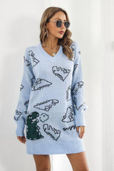 Dinosaur Pattern V-Neck Sweater Dress - Trendsi