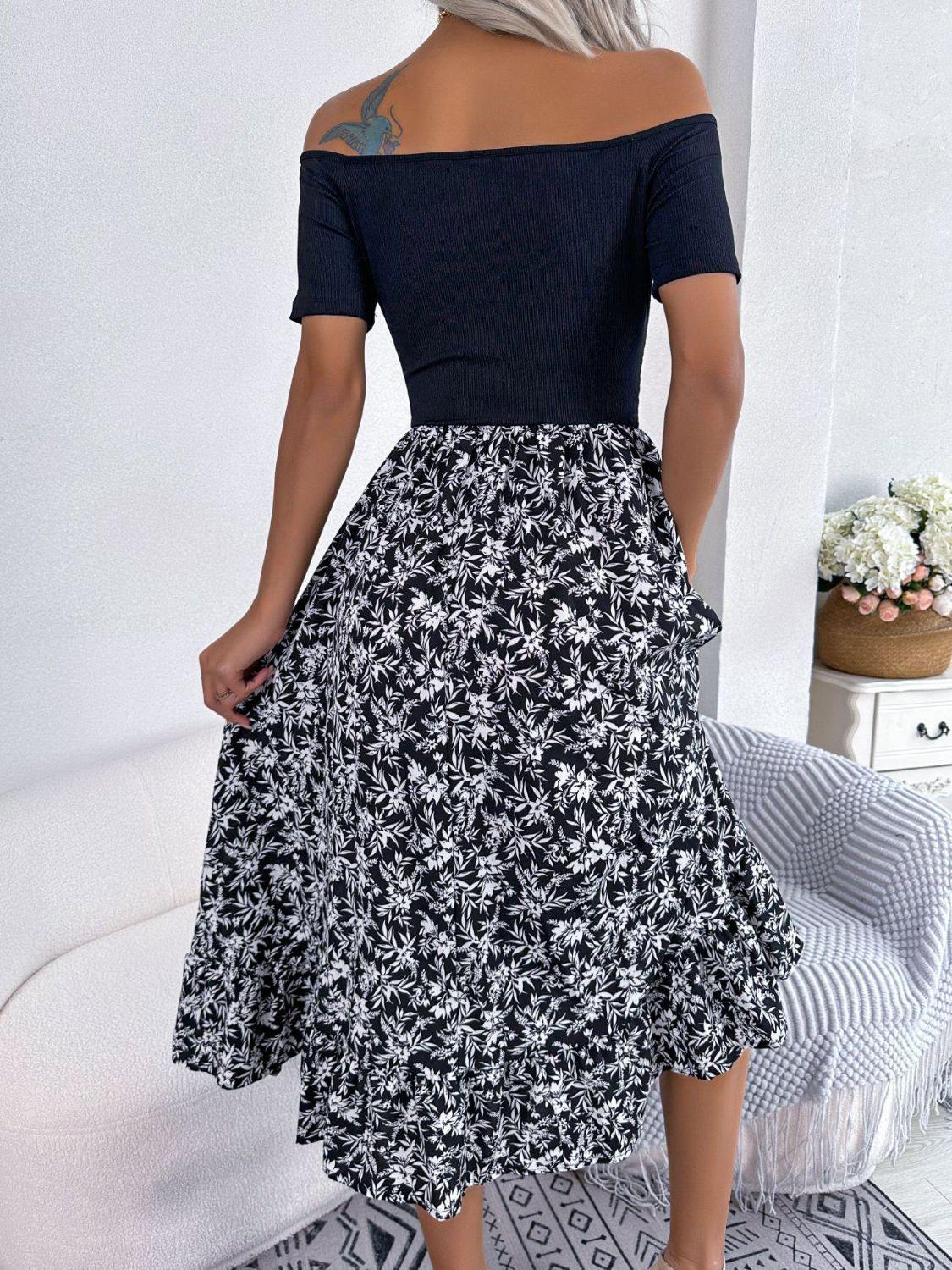 Printed Off-Shoulder Ruffle Hem Dress - Trendsi