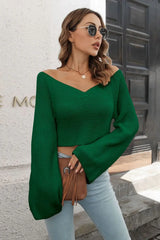 Cropped V-Neck Flare Sleeve Knit Top - Trendsi - Flyclothing LLC