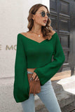 Cropped V-Neck Flare Sleeve Knit Top - Trendsi - Flyclothing LLC