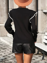 Round Neck Ruffle Trim Long Sleeve Pullover Sweater - Trendsi - Flyclothing LLC