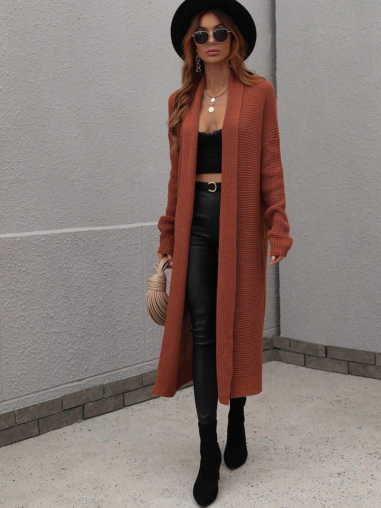 Waffle Knit Open Front Duster Cardigan With Pockets - Trendsi - Flyclothing LLC