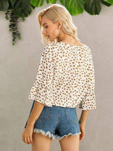 Tied Printed Button Up V-Neck Blouse - Trendsi - Flyclothing LLC