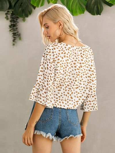 Tied Printed Button Up V-Neck Blouse - Trendsi - Flyclothing LLC