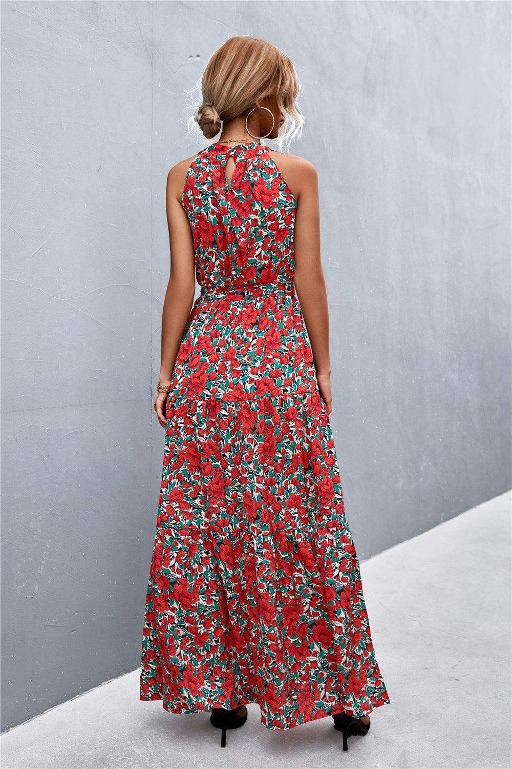 Printed Sleeveless Tie Waist Maxi Dress - Trendsi - Flyclothing LLC