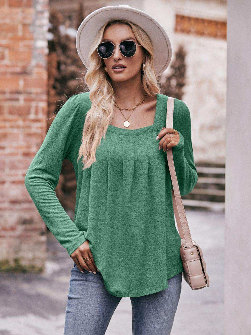 Pleated Detail Curved Hem Long Sleeve Top - Trendsi - Flyclothing LLC