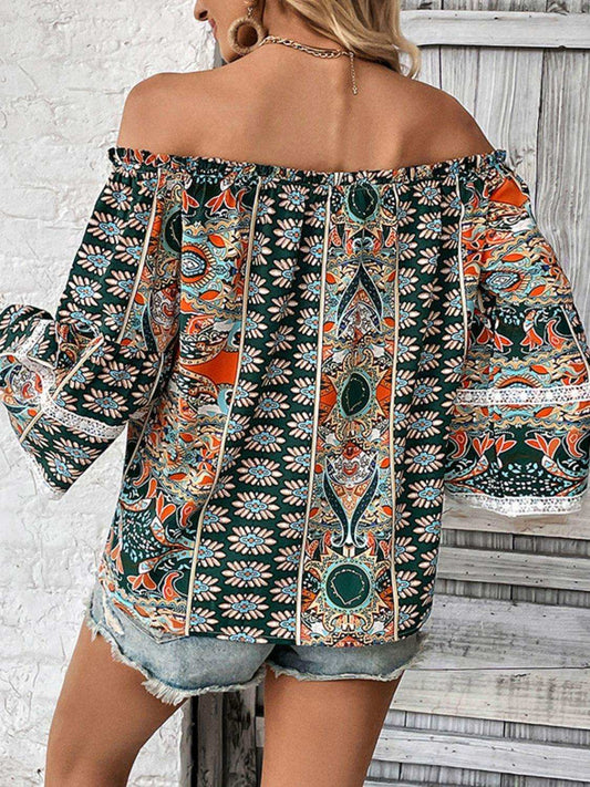 Printed Frill Trim Off-Shoulder Blouse - Trendsi - Flyclothing LLC