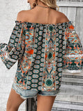 Printed Frill Trim Off-Shoulder Blouse - Trendsi