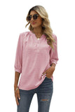 Swiss Dot Notched Neck Three-Quarter Sleeve Blouse - Trendsi - Flyclothing LLC