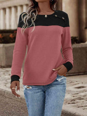 Contrast Buttoned Round Neck Long Sleeve T-Shirt - Trendsi