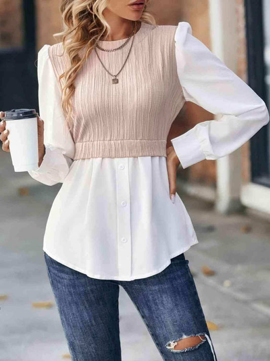 Contrast Round Neck Puff Sleeve Blouse - Trendsi - Flyclothing LLC